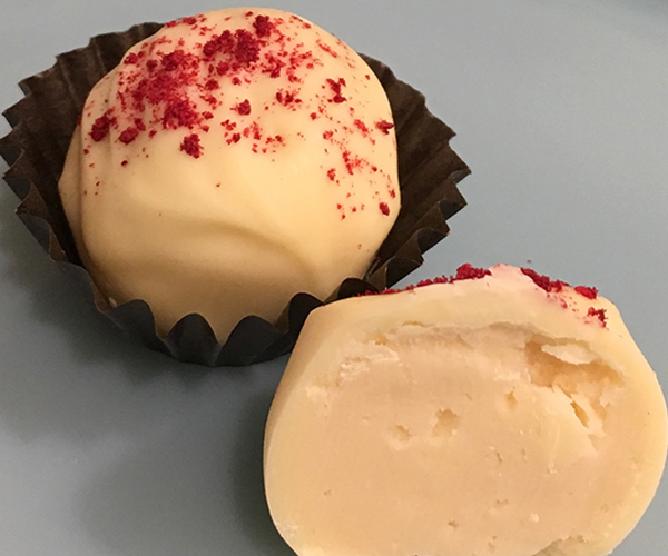 White Chocolate Rasberry Handmade Chocolate Truffle only available at Little Cahaba Chocolates Leeds Alabama